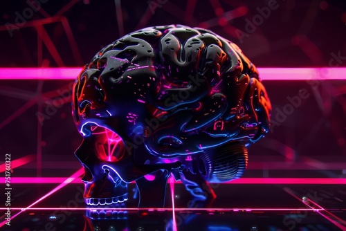 Glowing cybernetic skull with brain  highlighting neural networks and synthetic biology.