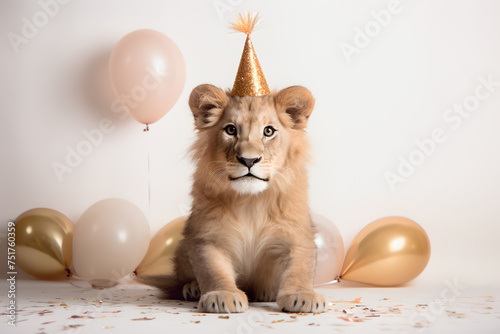 Young lion donned in birthday hat sits at festive backdrop of multicolored balloons and confetti. Jungle king birthday. Animal party concept