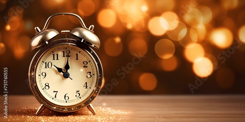 Golden antique clock against a festive lights background symbolizing New Years celebration. Concept New Years Celebration, Golden Antique Clock, Festive Lights Background, Symbolism