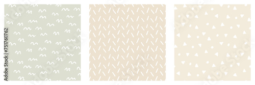 Set of cute seamless patterns in doodle style. White squiggles drawn by hand. Abstract strokes minimal background. Great for Baby design  nursery wallpaper  fabric print