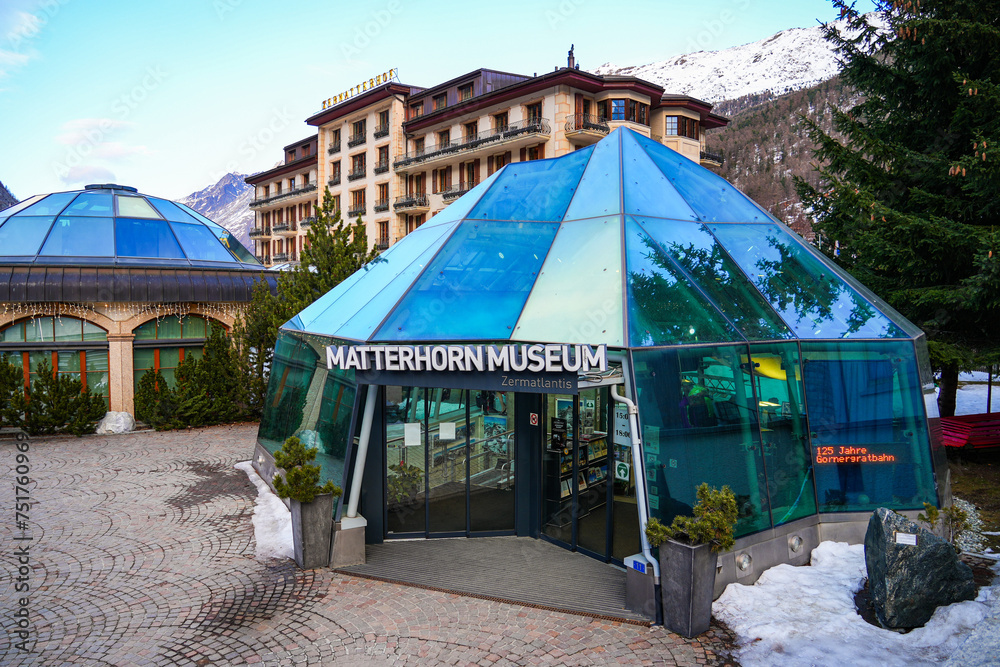 Entrance of the Matterhorn Museum Zermatlantis in the city center of the carfree ski resort of