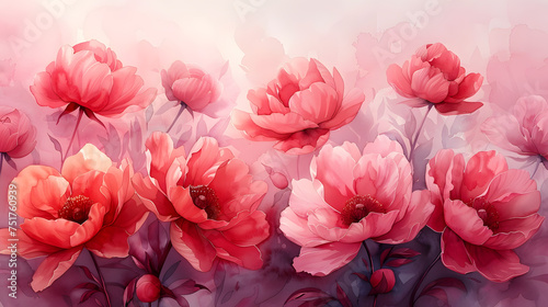 Watercolor Pink peonies are in full bloom. Peonies in bloom Background. Ai Generated 