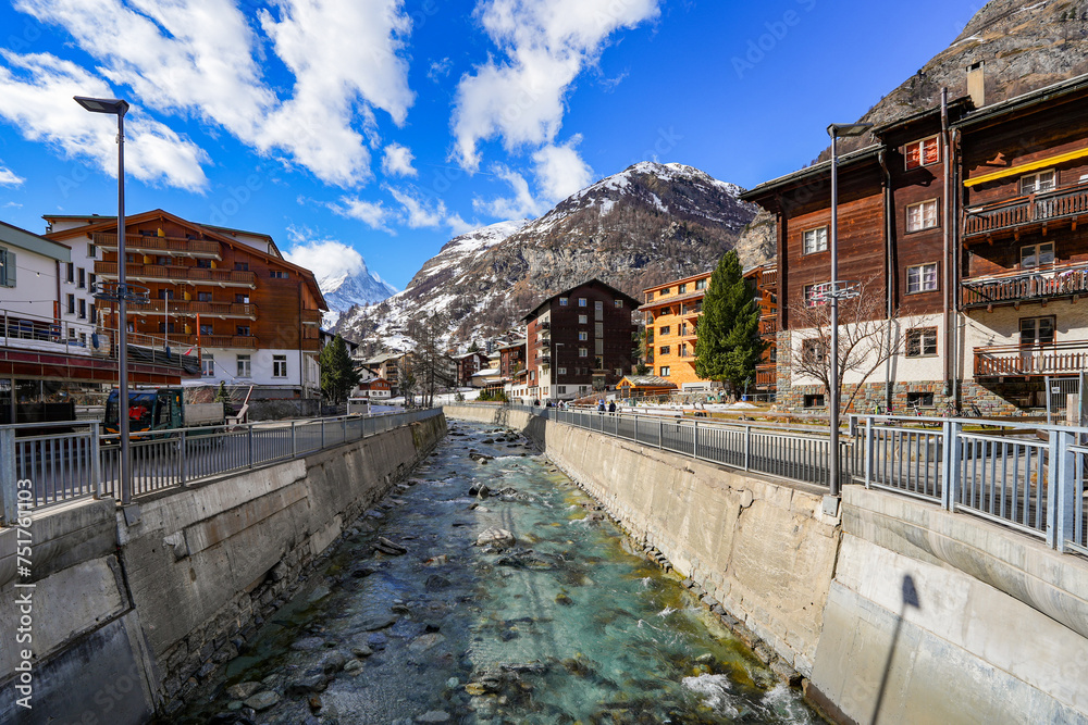 Matter-Vispa river of glacial melt water in the luxury car-free ski resort of Zermatt in the Canton of Valais, Switzerland