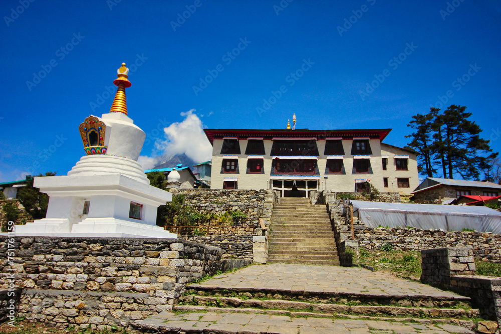 Tengboche Monastery situated at 3867 meters is the largest Tibetan monastery, also called Dawa Choling gompa in Tengboche village,Nepal - obrazy, fototapety, plakaty 