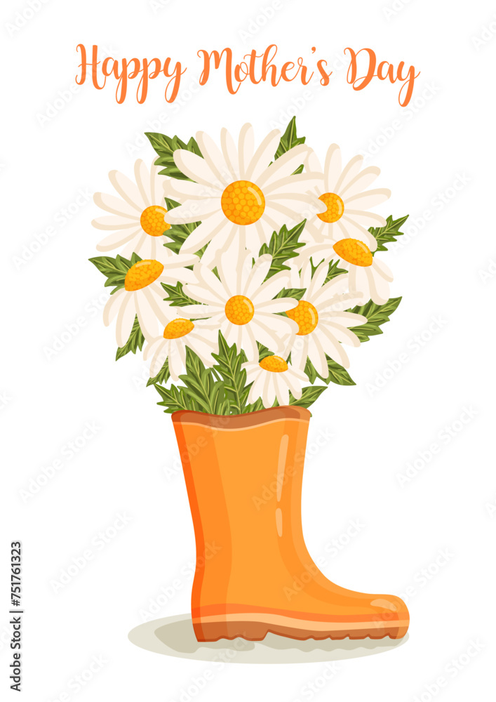 Mother's day greeting card. Bouquet of white chamomile flowers in rain boot. Botanical vector illustration isolated for postcard, poster, ad, decor and other uses.