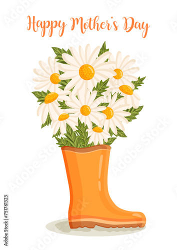 Mother's day greeting card. Bouquet of white chamomile flowers in rain boot. Botanical vector illustration isolated for postcard, poster, ad, decor and other uses.