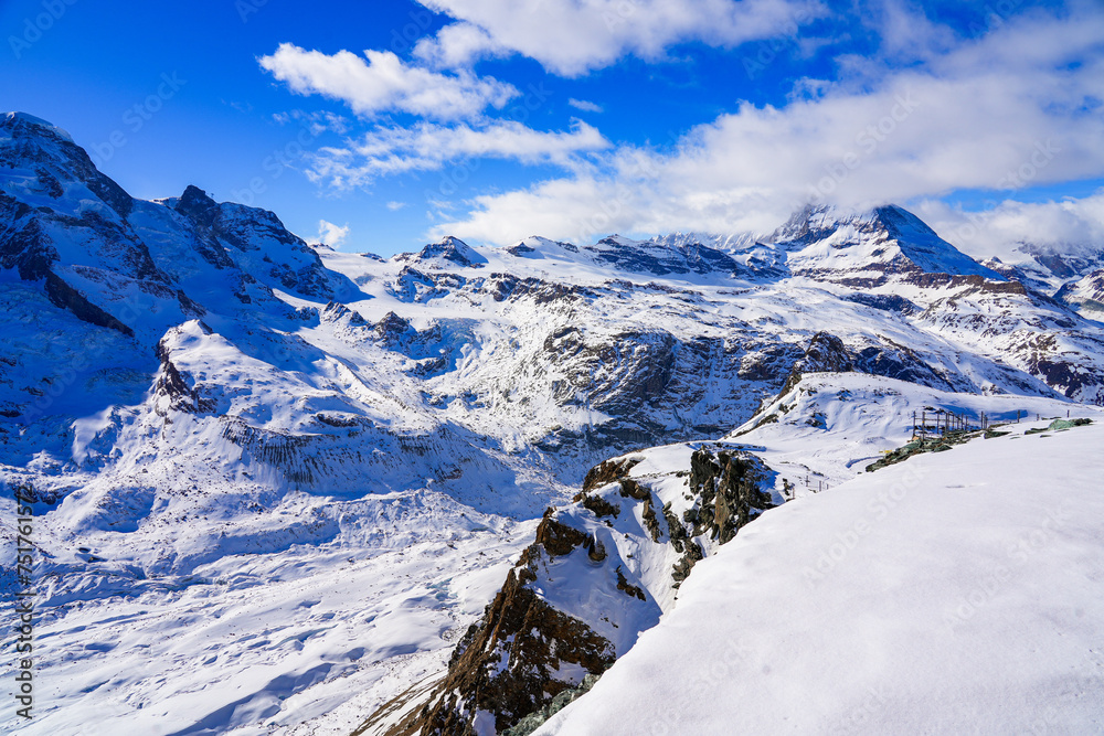 Gorner glacier under the Matterhorn peak in the Zermatt winter sports resort in the Swiss Alps, Canton of Valais, Switzerland