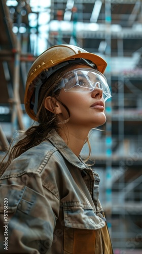 A worker in a construction site dons a safety helmet and ear protection, attentively observing the surroundings, with industrial backdrop.