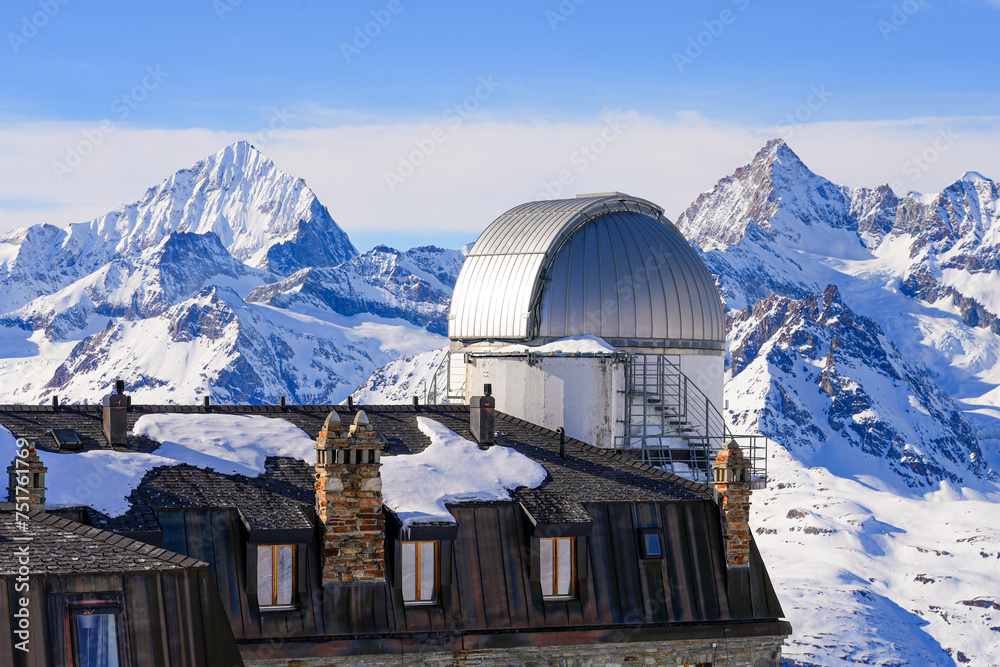 Cupola of the Gornergrat Observatory built on top of the Kulmhotel in the late 1960s in front of the Matterhorn in the Pennine Alps, Canton of Valais, Switzerland