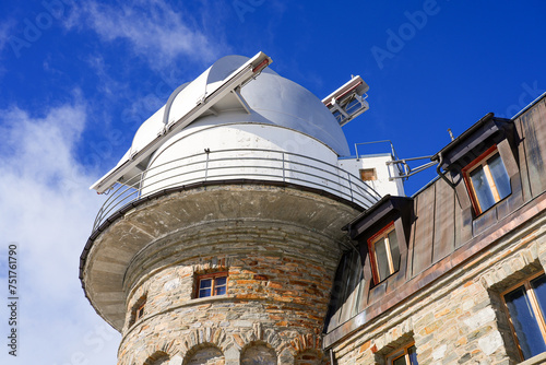 Cupola of the Gornergrat Observatory built on top of the Kulmhotel in the late 1960s by Officina Stellare, home to the Gornergrat Infrared Telescope and of KOSMA in the Swiss Alps, Valais, Switzerland