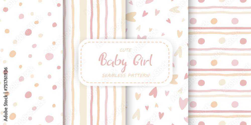 Baby Girl set of four seamless Patterns. Cute Cartoon Background set. Hand drawn pattern with Stripes, Hearts, Dots. Newborn Childish Nursery illustration for Design and print
