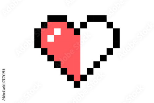 Pixel element in 8-bit style isolated on white background. Icon in the shape of half a red heart, bright colors, life button in a computer game.
