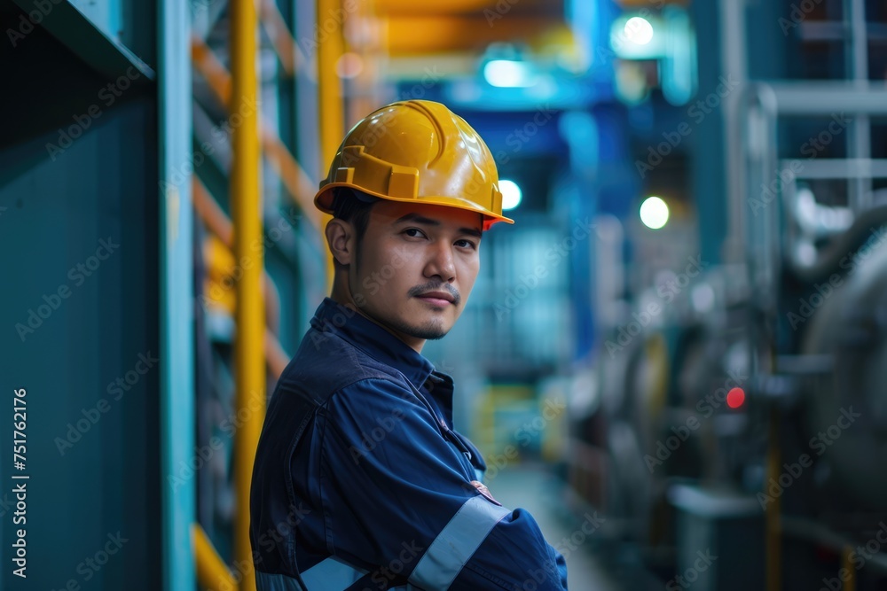 In an industrial setting, a worker in a yellow helmet stands among machinery, the artificial lighting casting a focused, serious ambiance. Metal structures and equipment hint at a factory scene. In an industrial setting, a worker in a yellow helmet stands among machinery, the artificial lighting casting a focused, serious ambiance. Metal structures and equipment hint at a factory scene.