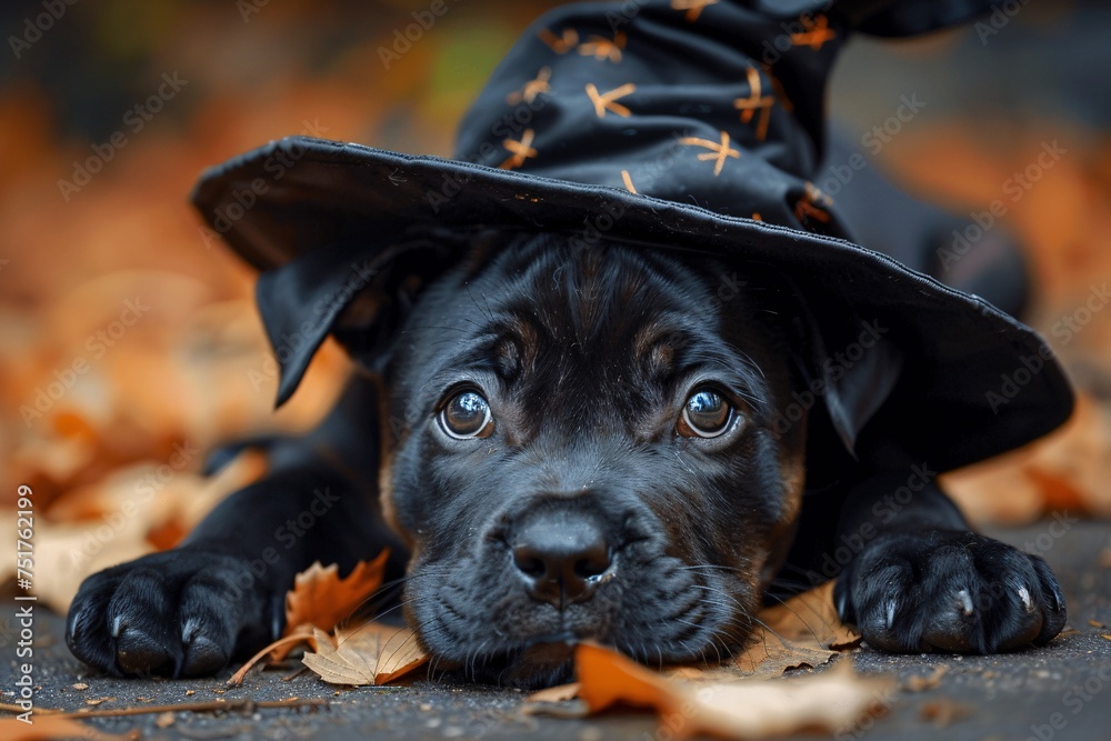 a black dog wearing a hat