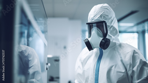 A healthcare professional standing outdoors in a full protective suit with a respirator mask, in hospital building, preparation for a hazardous environment or pandemic response.