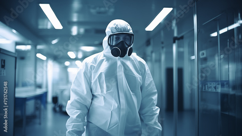 A healthcare professional standing outdoors in a full protective suit with a respirator mask in hospital building, preparation for a hazardous environment or pandemic response.