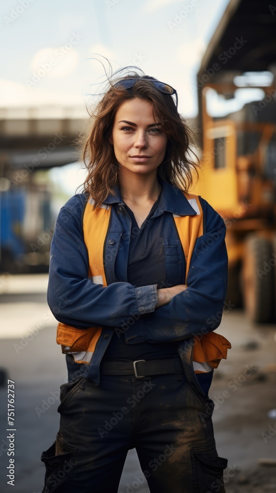 Fototapeta premium A woman in work attire stands confidently with arms crossed, a large machinery is in the background, indicating an industrial setting.