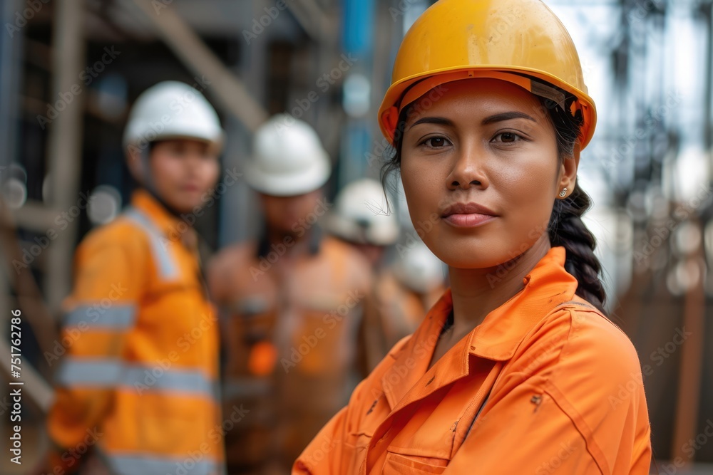 woman Workers in orange uniforms and helmets focus on their tasks at a bustling construction site, surrounded by a framework of metal structures.