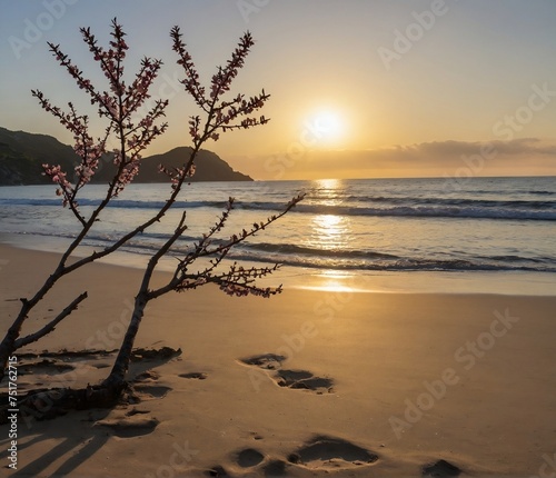 sunset on the beach, sunset with flowers tree, beach sunset