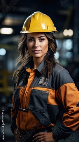 portrait of a woman person in a yellow hard hat and orange & grey work attire stands in an industrial setting, exuding professionalism and readiness.