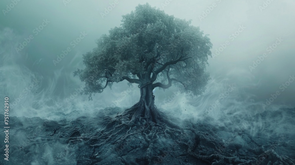 Ethereal tree in mystic foggy landscape - An ancient tree stands strong against a mystical background of swirling fog, representing life's endurance amidst chaos - obrazy, fototapety, plakaty 