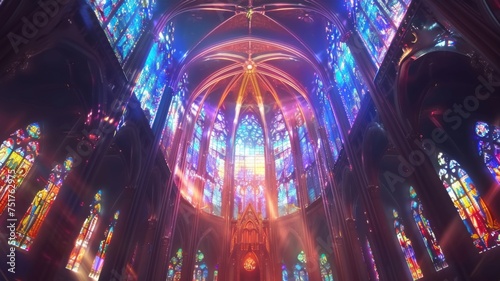 Illuminated church interior with radiant colors - Majestic view of the church s interior bathed in radiant colors from the stained glass  creating an ethereal atmosphere
