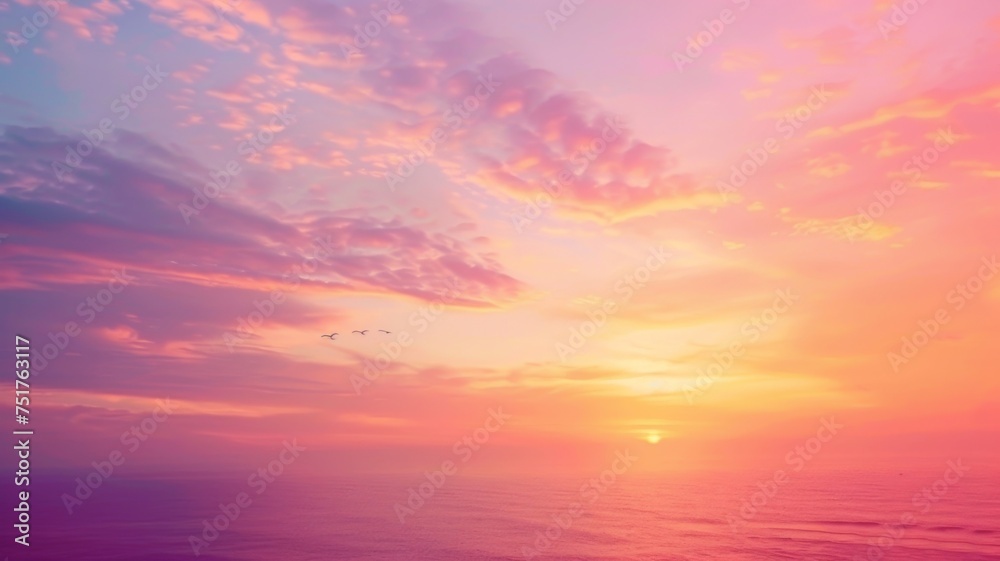 Pastel sunset sky with birds over serene ocean - Peaceful, pastel-hued sunset sky with birds flying over a calm ocean, evoking a sense of tranquility and wonder