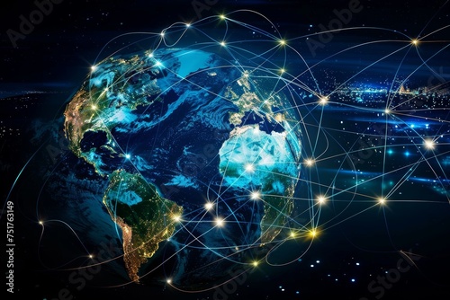 Illuminated Earth with intricate network lines, depicting global connectivity and data exchange.