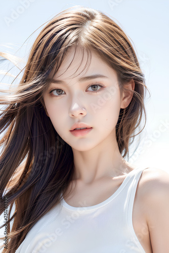 Gorgeous Young Female Model - Fashion or Cosmetics Model - Beauty with Perfect Fine Features - Beautiful Smooth Hair blowing in the Wind © Eggy