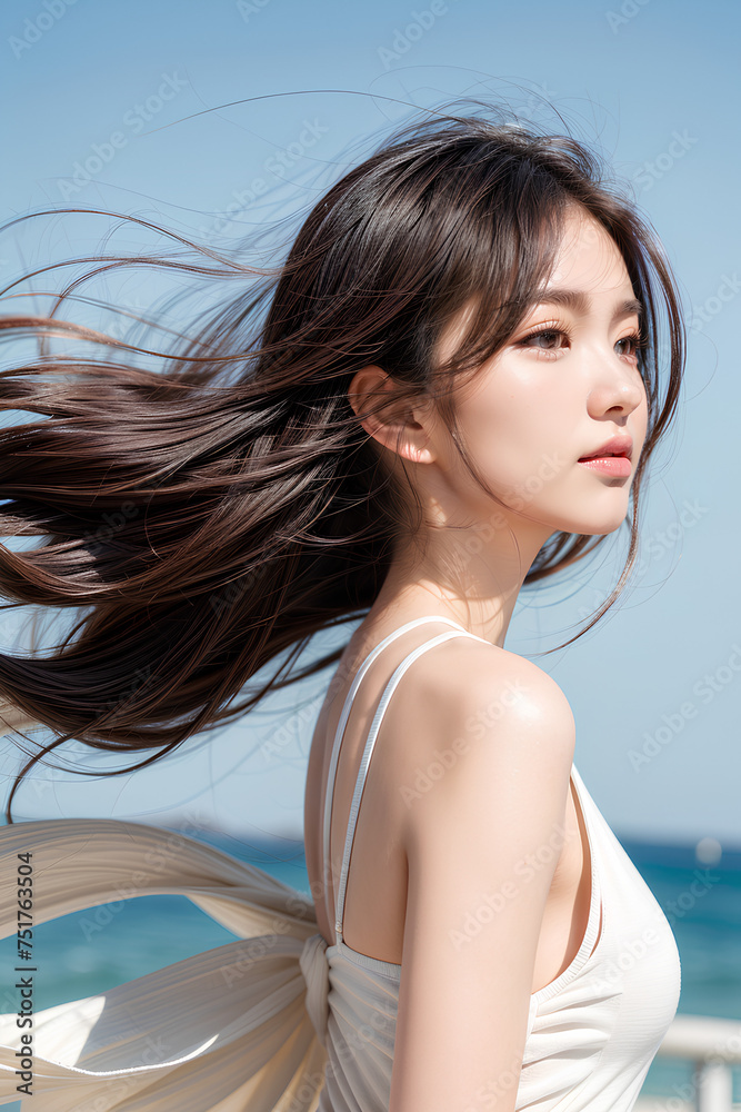 Gorgeous Young Female Model - Fashion or Cosmetics Model - Beauty with Perfect Fine Features - Beautiful Smooth Hair blowing in the Wind Gorgeous Young Female Model - Fashion or Cosmetics Model - Beauty with Perfect Fine Features - Beautiful Smooth Hair blowing in the Wind