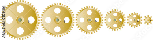 Metallic gold gears in 6 different diameters