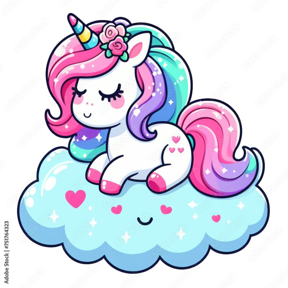 Beautiful unicorn on a cloud, multicolored unicorn head for stickers, or to decorate invitations or book covers for girls, etc. Transparent background
