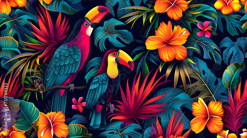 Seamless pattern background influenced by the forms and vibrant colors of tropical rainforests with colorful birds and flowers © Prasanth