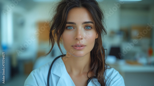 Portrait of the female doctor with stethoscope (AI generated illustration). photo