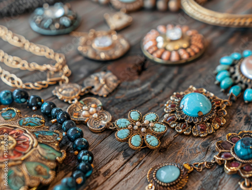 Vintage Turquoise Jewelry Collection on Wooden Surface