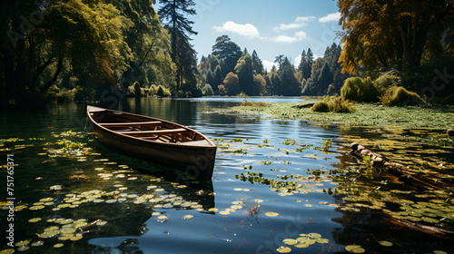 A serene lake surrounded by lush greenery, with a rowboat peacefully gliding on the water, capturing the idyllic simplicity of a summer day 
