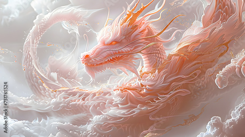 Translucent young pale pink dragon picture desktop wallpaper, white clouds cascading around, gold dust tentacles, gold dust whiskers, ultra-realistic animal style © Prasanth