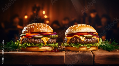 Close up of juicy burgers or cheeseburgers in the dark restaurant or the bar, with melted cheese, tomatoes, salad, blurred background