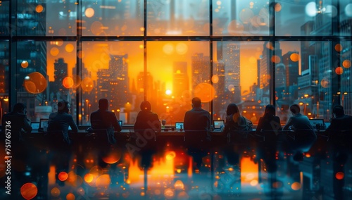 A group of people are gathered by a large window overlooking a metropolitan city at night, with the orange glow of the city lights reflecting off the water below, creating a mesmerizing atmosphere