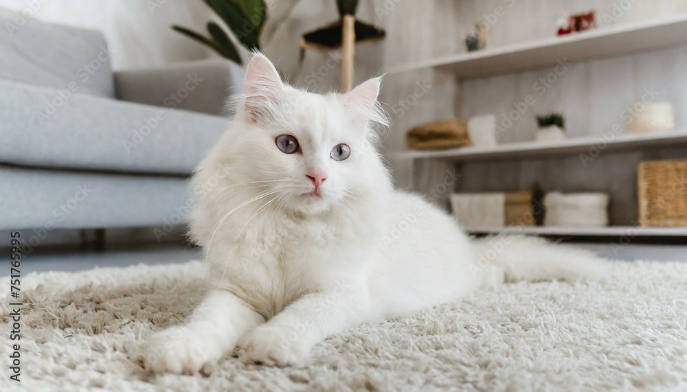 fluffy white cat lies on the carpet in the living room, beloved pet, modern interior in the apartment fluffy white cat lies on the carpet in the living room, beloved pet, modern interior in the apartment
