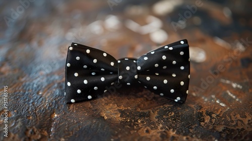A beautiful black bow tie with white polka dots isolated. Close-up of an elegant tie placed on a table.