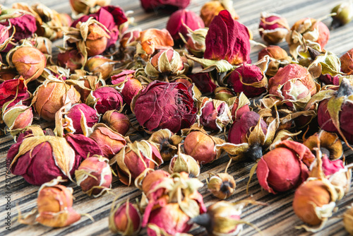 Fototapeta Naklejka Na Ścianę i Meble -  Dried rose buds. Potpourri. Rosebuds Petals Tea.
