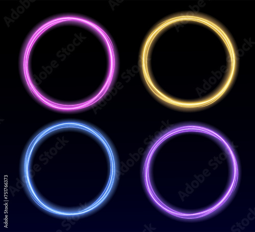 Neon swirl. Curve line light effect. Glow circles with sparkles, magic light effect. Magic circle vector. Light round frame. Rounded neon line with light effect. Energy flow tunnel.