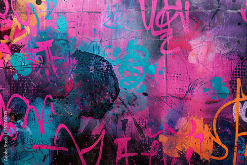 Generate a mottled background that evokes the dynamic patterns and colors of urban street art, with bold graffiti tags, splashes of paint, and abstract designs creating a backdrop that's alive w photo