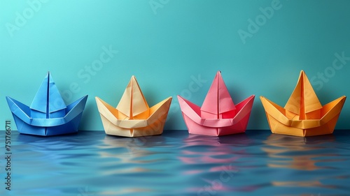 Colorful origami boats on color background