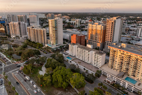 Sarasota, Florida city downtown at sunset with expensive waterfront high-rise buildings. Urban travel destination in the USA