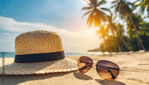 portrait of straw hat and sunglasses on sandy tropical beach and palm trees in the morning sun rays close up with soft blurred focus concept of exoctic vacation summer travel banner photo