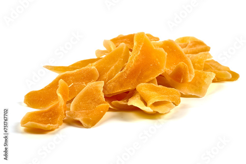 Dried mango pieces, isolated on white background