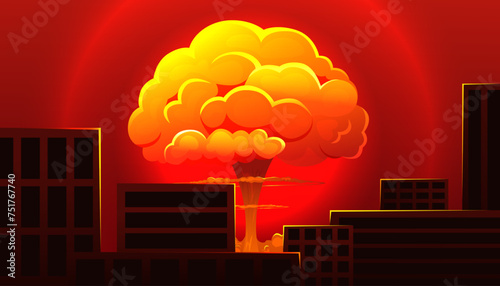 Atomic bomb in city. Symbol of nuclear war. Nuclear explosion. Huge mushroom cloud