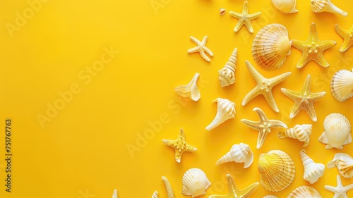 Assorted seashells scattered on a yellow background - A bright and vibrant image showcases a variety of seashells and starfish laid out on a yellow background, evoking a summer vibe
